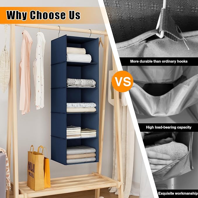 Hanging Closet Organizer 5-Shelf, Oxford Fabric Wardrobe Storage, Navy Blue | Easy-mount foldable design holds clothes, handbags, shoes & accessories; washable Oxford fabric, sturdy and space-saving. - Image 7