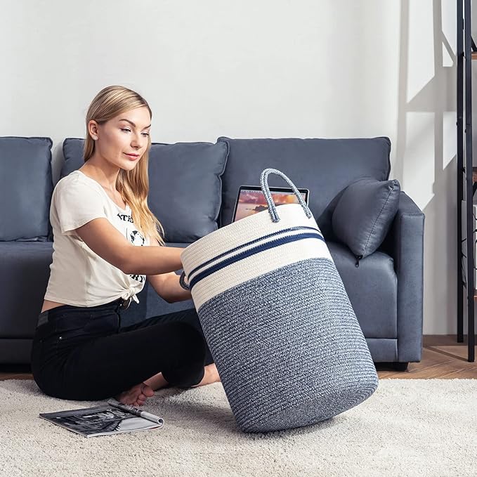 Woven Rope Laundry Hamper Basket by YOUDENOVA, 58L Tall Luandry Basket, Baby Nursery Hamper for Blanket Storage in Bedroom-Large-Blue - Image 2