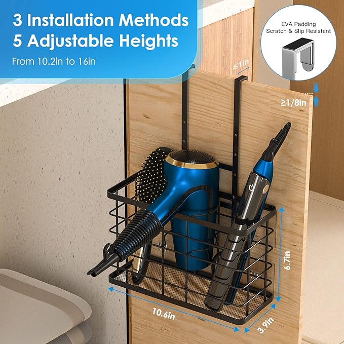 Hair Tool Organizer, Dryer Holder, 3 in 1 Blow Bathroom Organizer Wall Mounted/Cabinet Door for Flat Iron, Curling Straightener, Care & Styling Tools Storage Basket - Image 3