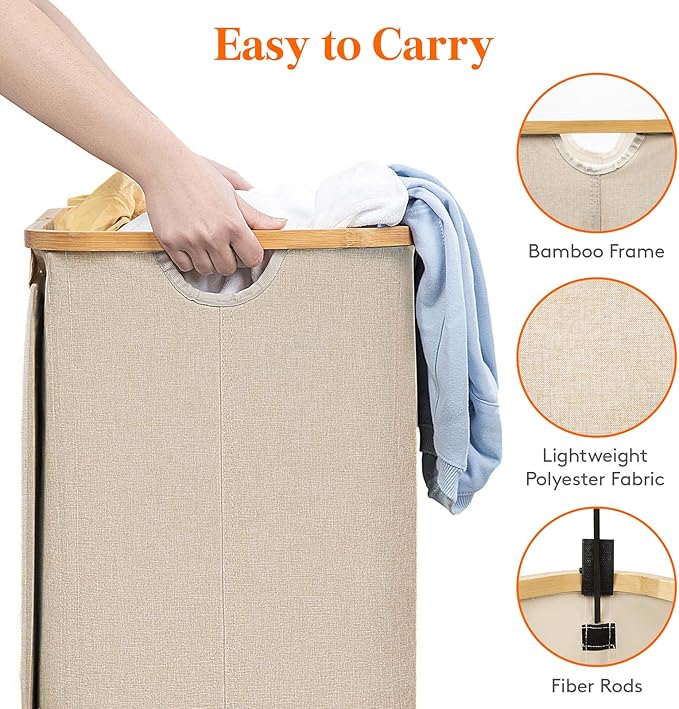 Lifewit 150L Large Laundry Basket with Lid, 2 Removable Bags, Beige - Image 6
