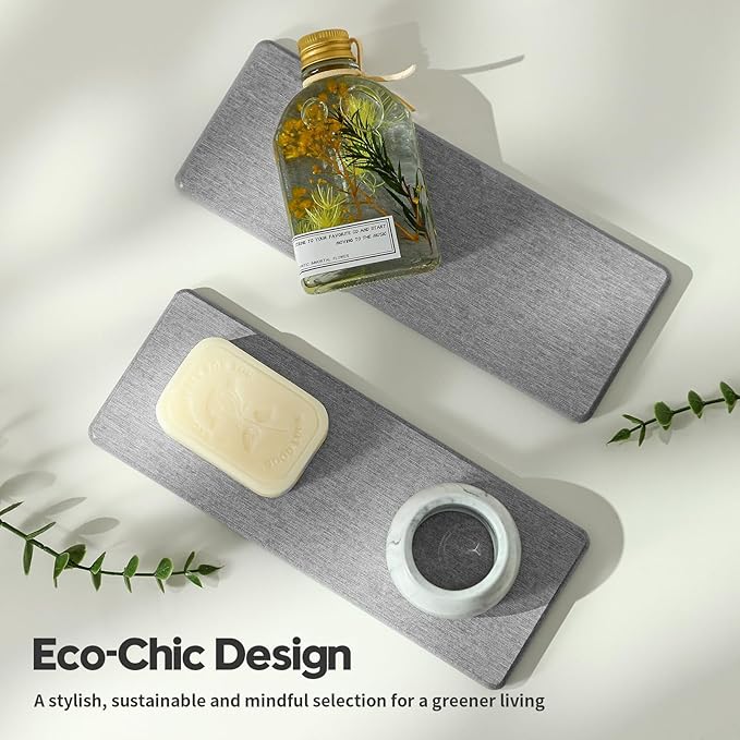 Razborci 2PCS Bathroom Counter Vanity Trays, Water Absorbing Diatomite Stone Quick Drying Mat for Kitchen Sink Counter, Dish Rack Soap Dispenser Sponge Holder Caddy Organizer, Light Gray, 9"x 3.5" - Image 7