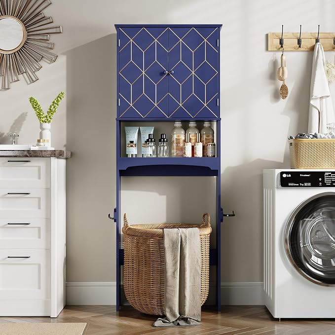 HLR Over The Toilet Storage Cabinet with Gold Trim, Over Toilet Bathroom Organizer with Adjustable Shelves and Toilet Paper Holder, Above Toilet Storage Cabinet Spacesaver for Bathroom (Blue) - Image 7