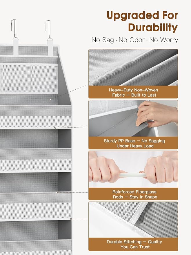 Criusia Over The Door Organizer, Heavy-Duty 6-Shelf Hanging Storage with 13 Mesh Pockets, 55lbs Capacity Behind The Door Storage for Nursery, Bathroom, Bedroom, and Dorm, Grey - Image 2