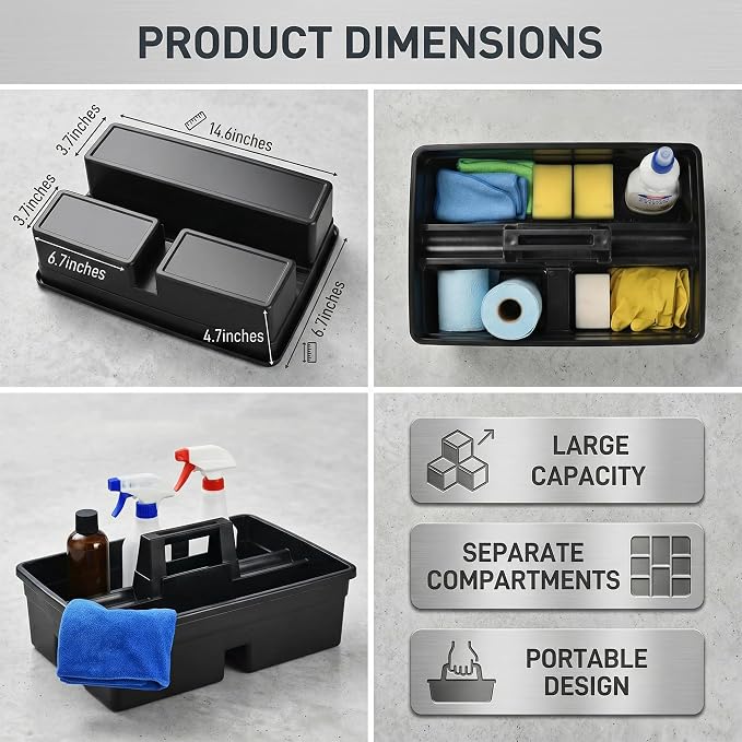 3-Compartment Plastic Cleaning Caddy Basket – Stackable Large Commercial Quality Plastic Tool Organizer Bucket with Handle, Black - Image 2