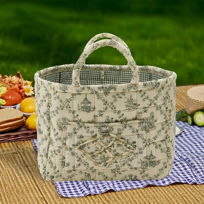 Quilted Fabric Storage Basket with Handles & Pocket, Foldable Laundry Hamper Boho Floral Print Organizer Bin for Home, Picnic, Office 12"x10"x10" (B-2) - Image 2