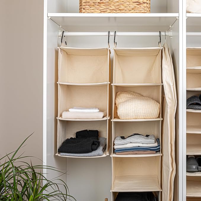 Household Essentials Cedarline 3-Shelf Hanging Closet Organizer, Heavy-Duty Cotton Canvas, Natural - Image 2