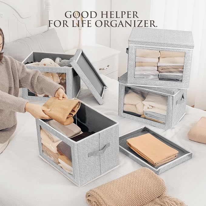 Homsorout Fabric Storage Bins with Lids, Large Storage Cubes with Window, Fabric Storage Baskets Bins for shelves, Closet Storage Boxes for Clothes, Towel, Office, 4 Packs, Blended - Image 4