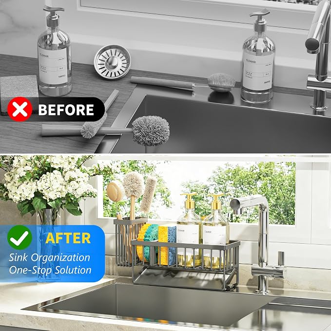 Cisily Sink Caddy Organzier with High Brush Holder, Sponge Holder for Sink, 304 Rustproof Stainless, Kitchen Countertop Soap Dispenser Organizer, Dark Gray Kitchen Decor and Accessories - Image 6