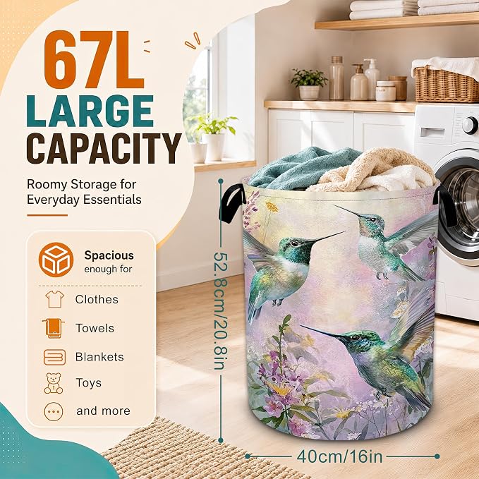 Hummingbird Laundry Basket with Handles,Purple Flower Foldable Oxford Laundry Hamper,Collapsible Clothes Storage Basket for Laundry Room/Bathroom/Bedroom/Dormitories 20.8 x 16 Inches - Image 2