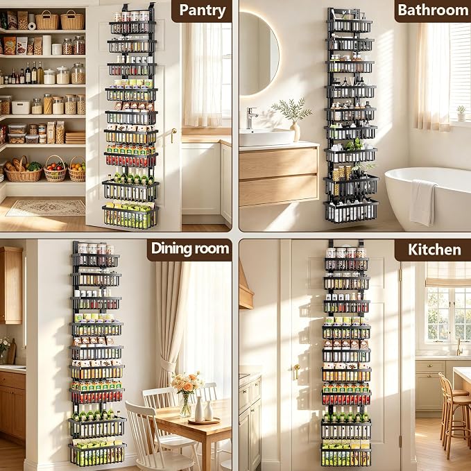 POKIPO 9 Tier Narrow Over The Door Pantry Organizer, 2 in 1 Wall Mount or Hanging Spice Rack with Adjustable Deep Basket, Heavy-Duty Seasoning Organizer and Storage for Kitchen Closet Bathroom - Image 9