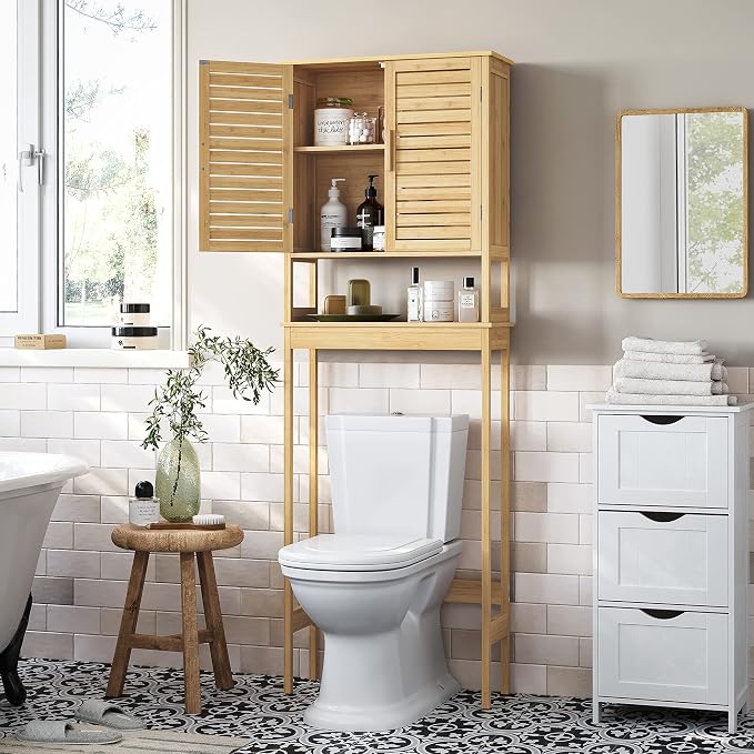 SONGMICS Bamboo Over The Toilet Storage Cabinet, Adjustable Inside Shelf - Image 2