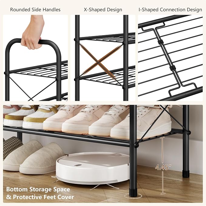 Hoctieon 4 Tier Mesh Style Shoe Rack, Entryway Shoe Shelf, Shoe Storage Organizer, Shoe Rack for Closet, Space Save for Bathroom, Garage, Hallway, Bedroom, Living Room, Black - Image 7
