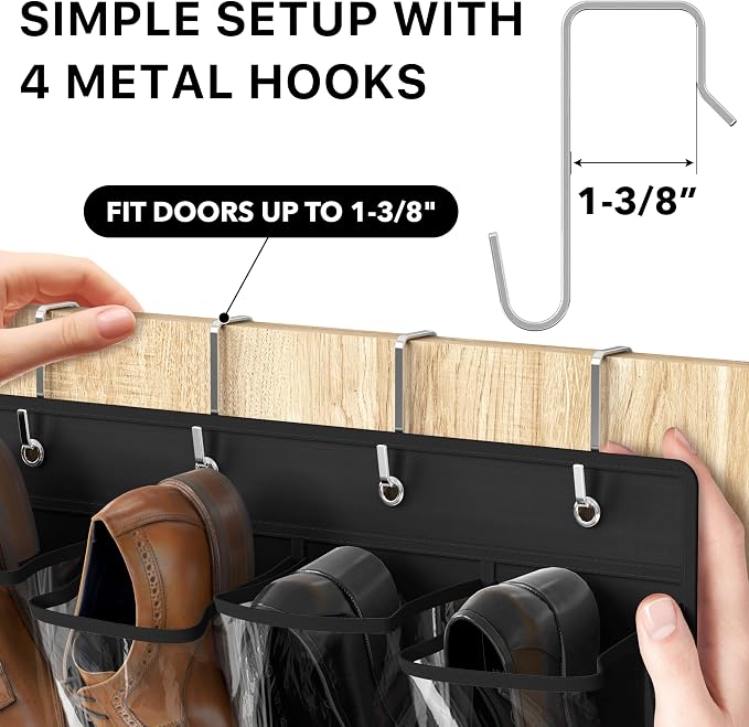 Simple Houseware 24 Pockets Large Clear Over the Door Shoe Organizer, Black | 56" x 22.5", 4 Durable Metal Hooks, 5" x 9" Pocket Size, Multipurpose - Image 5