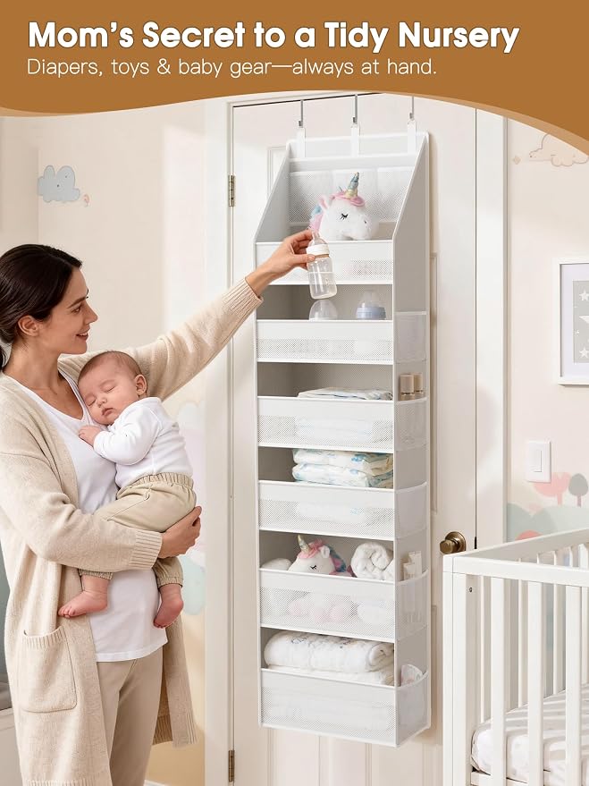 Criusia 2 Pack Over the Door Organizer, Heavy-Duty 6-Shelf Hanging Storage with 13 Mesh Pockets, 55lbs Capacity Behind the Door Storage for Nursery, Bathroom, Bedroom, and Dorm, White - Image 4
