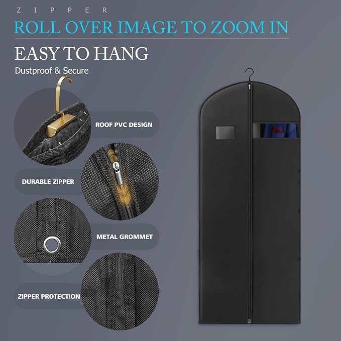 Hleelomi 5 Pack 54-in Garment Bag for Hanging Clothes Suit Bag Black - Image 3
