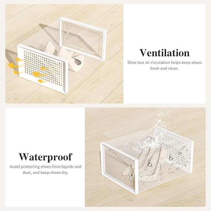Kuject X-Large Shoe Storage Boxes 12 Pack, Clear Stackable Shoe Organizer | Shoe Case for Closet, Entryway & Under-Bed Storage, Drop-Front Design, Space-Saving Solution for Family Organization,White - Image 6