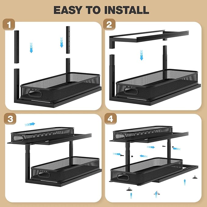 2-Pack 21.3 IN Depth Under Sink Organizer With Next-Gen Ball-Bearing Slides,Sophisticated Mesh 2-Tier Pull Out Shelf for Kitchen & Bathroom,Fits Small Items-Black - Image 6