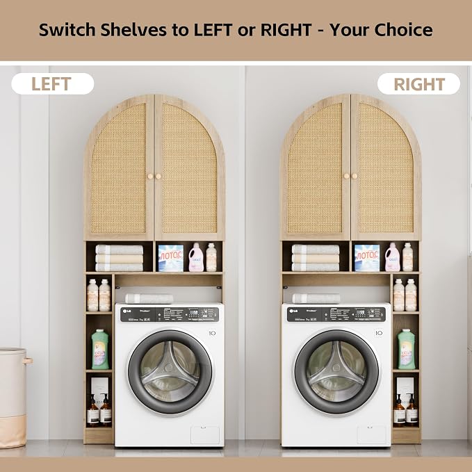 Over The Toilet Storage Cabinet, 29.7”W Modern Storage Cabinet Over Toilet with Rattan Doors, Arched Freestanding Over Toilet Rack with Adjustable Shelf for Bathroom, Nature - Image 4