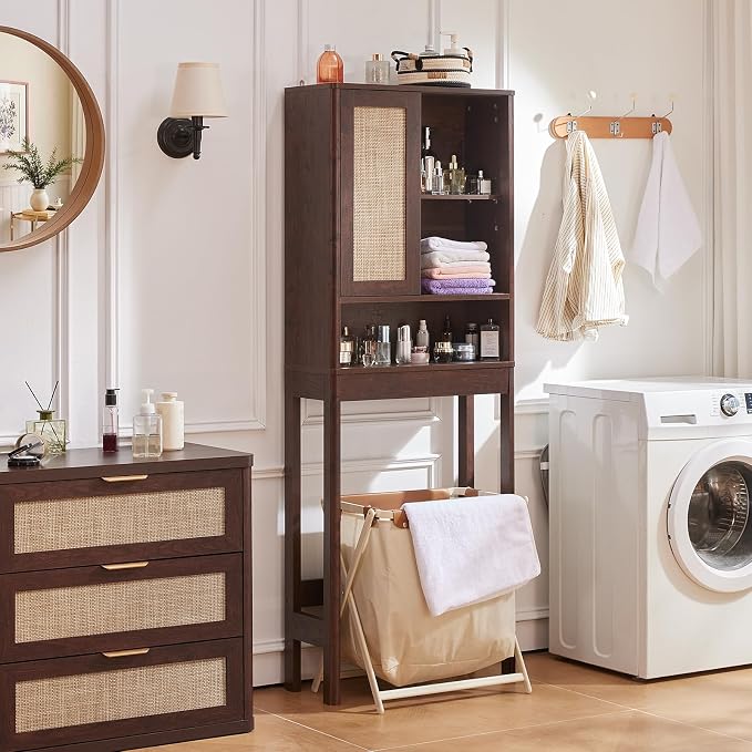 LEYAOYAO 68" Boho Over the Toilet Storage Cabinet with Rattan Sliding Door - Image 7