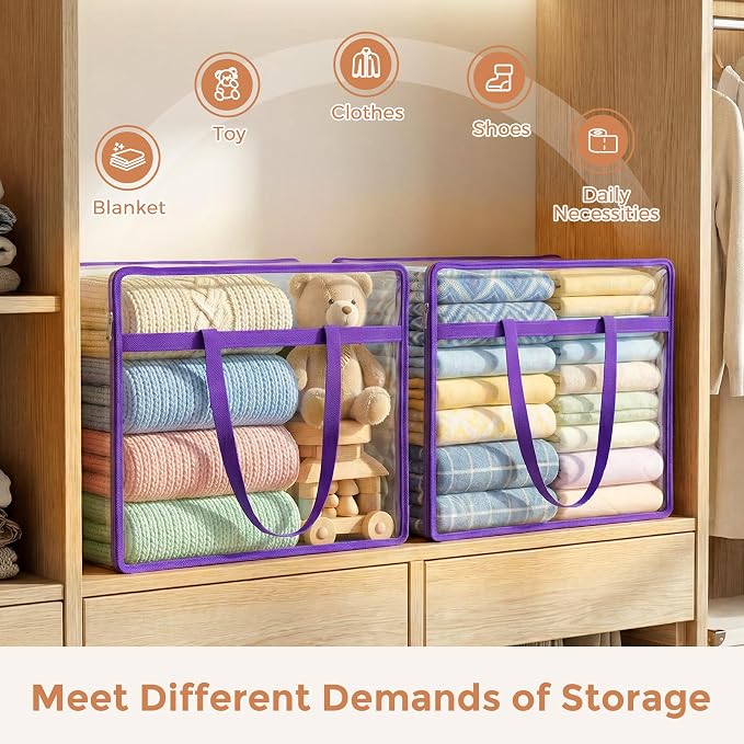 4 Pack Clear Storage Bags for Clothes, 45L Closet Organizers and Storage | Plastic storage with zipper and handle, moving bags, under-bed storage, closet organizer for blankets, comforters, toys - Image 4