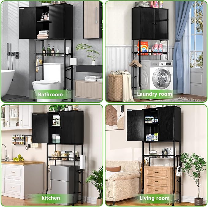 Over The Toilet Storage Cabinet - 2-Door Design Bathroom Organizers Shelf, Freestanding Space-Saver Above Toilet Storage Cabinet with Privacy Protection Rack, Water-Resistant Toilet Shelves (Black) - Image 6