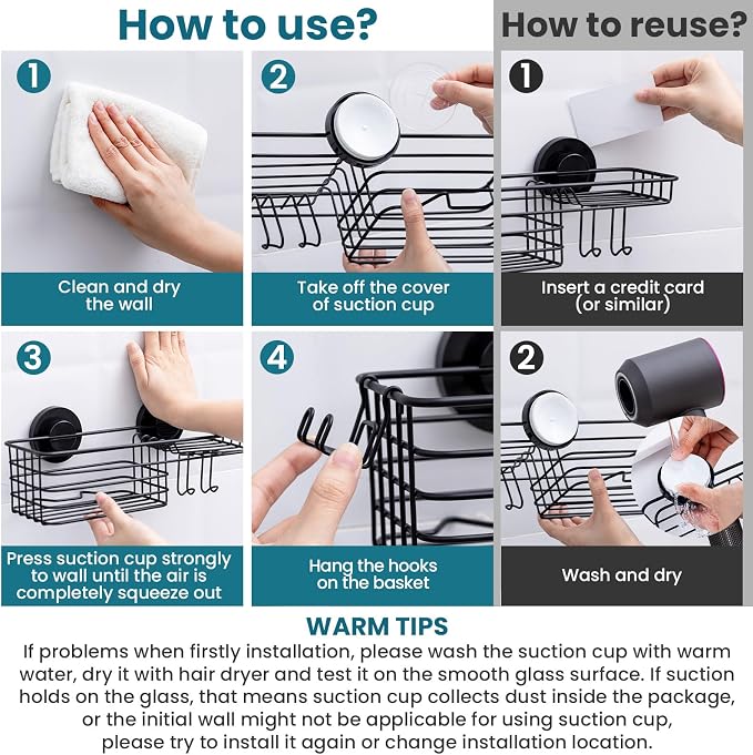 TAILI Shower Caddy Suction Cup with Hooks and Soap holder, Black - Image 7