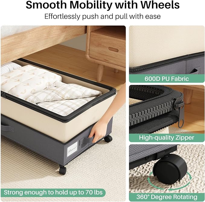 Kitstorack 2Pack Height-adjustable Under Bed Storage with Wheels, Under Bed Storage Containers,Under Bed Shoe Storage Organizer with Clear Window&Label, Suitable for Clothes Storage, Beige & Gray - Image 4