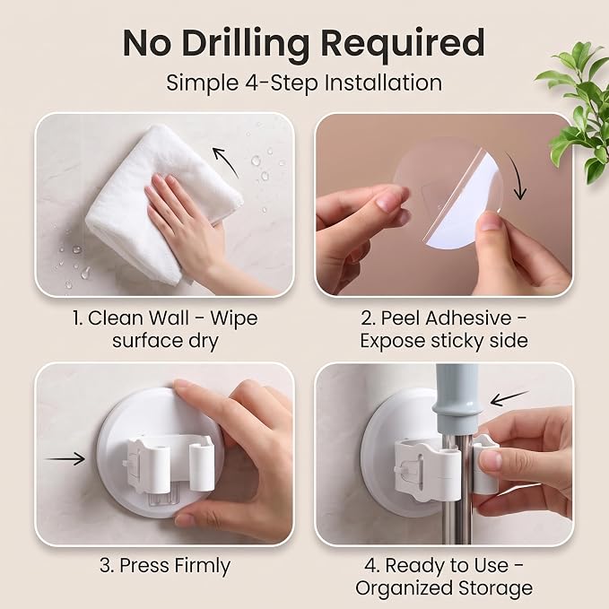 Broom Holder Wall Mount Adhesive 3 Pack Mop Holder Wall Mount, Broom Gripper, Broom and Mop Organizer Wall Hanging, No Drill Broom Hanger for Bathroom, Kitchen, Laundry Room, Garage Holds up to 4 lb - Image 5