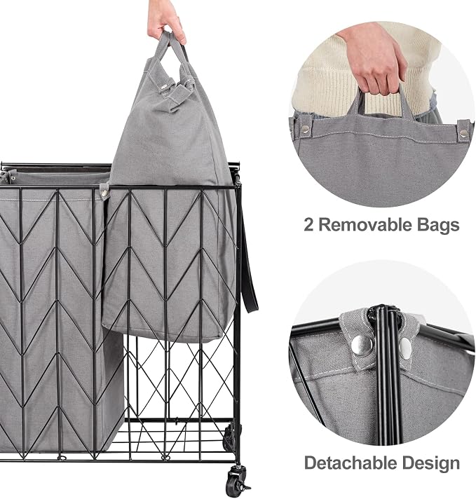 WOWLIVE Double Laundry Hamper with Lid, Rolling Laundry Basket with Wheels - Image 5