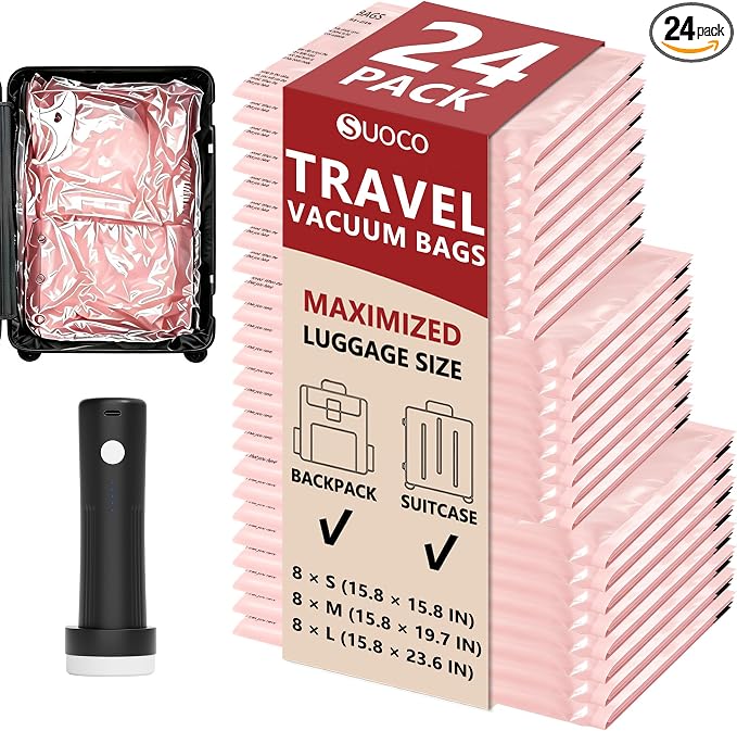 Travel Vacuum Bags for Clothing with Cordless Pump 24 Combo, Pink | Compression Packing Cubes Organizer Storage for Luggage Suitcase, Space Saver Seal Bags for Vacation Cruise by SUOCO