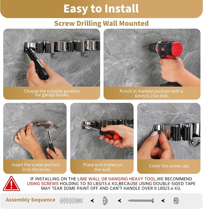 Broom Holder Wall Mount, Mop Organizer, 5 Racks, 4 Hooks, Heavy Duty - Image 7