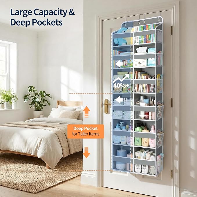 Yecaye Over The Door Organizer, 6 Tier Extra Large Behind Door Storage of 12 Compartments, 80lbs Heavy Duty Door Organizer Hanging with Clear Window for Closet Bedroom Pantry Bathroom, Grey - Image 3