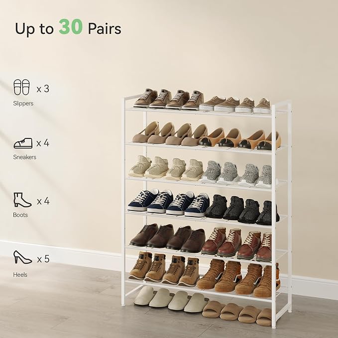 Nunsino Shoe Rack, Metal Shoe Organizer, 6 Tier Garage Shoe Rack Max Holds 30 Pairs,Shoe Storage Shelf for Closet,Entryway,White - Image 5