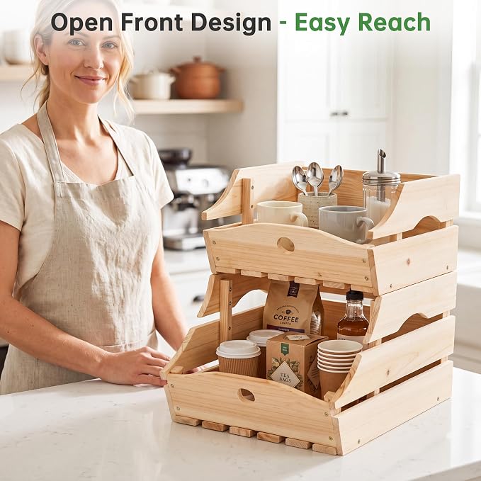Stackable Wooden Storage Bins, Kitchen Counter Organizer with Handles, Produce Basket for Fruits, Vegetables, Potatoes, Onions, Snacks and Pantry Organization - 2 Piece - Image 4