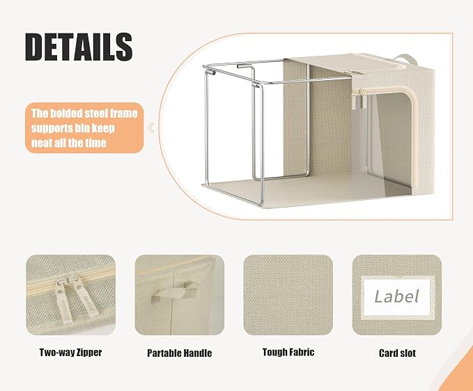 3 Openings Clothes Storage Bins with Metal Frame, Foldable Storage Bin for Clothes, Clothing Storage Bins with Lid, Linen Storage Box With Clear Window＆ Zippers＆ Durable Handles.(3 Pcs ,Beige,40L) - Image 4