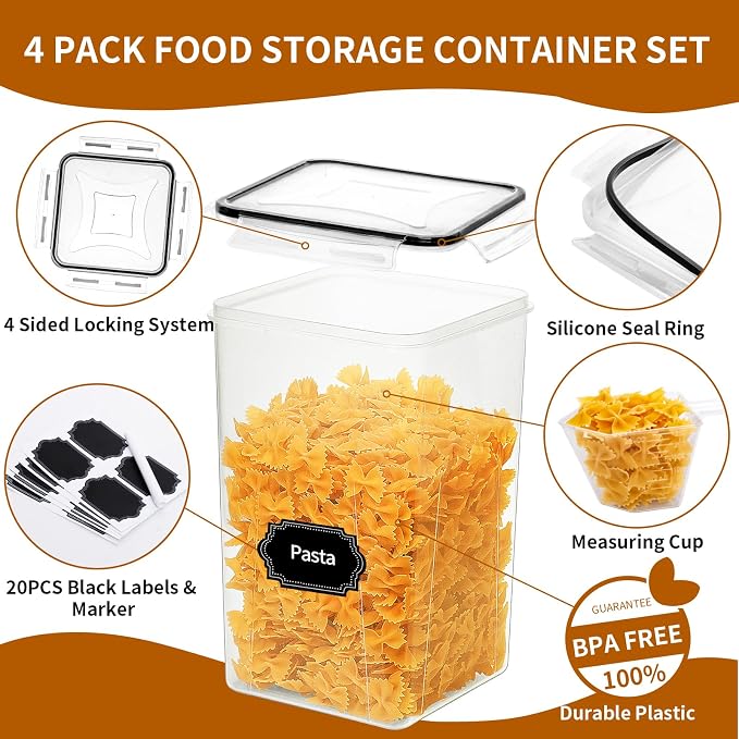 HKJ Chef 4 Pack Extra Large Airtight Food Storage Containers with Lids (6.5L / 220 oz), BPA Free Plastic Kitchen and Pantry Organization Contianers for Cereal Flour and Sugar Storage, Labels & Marker - Image 3