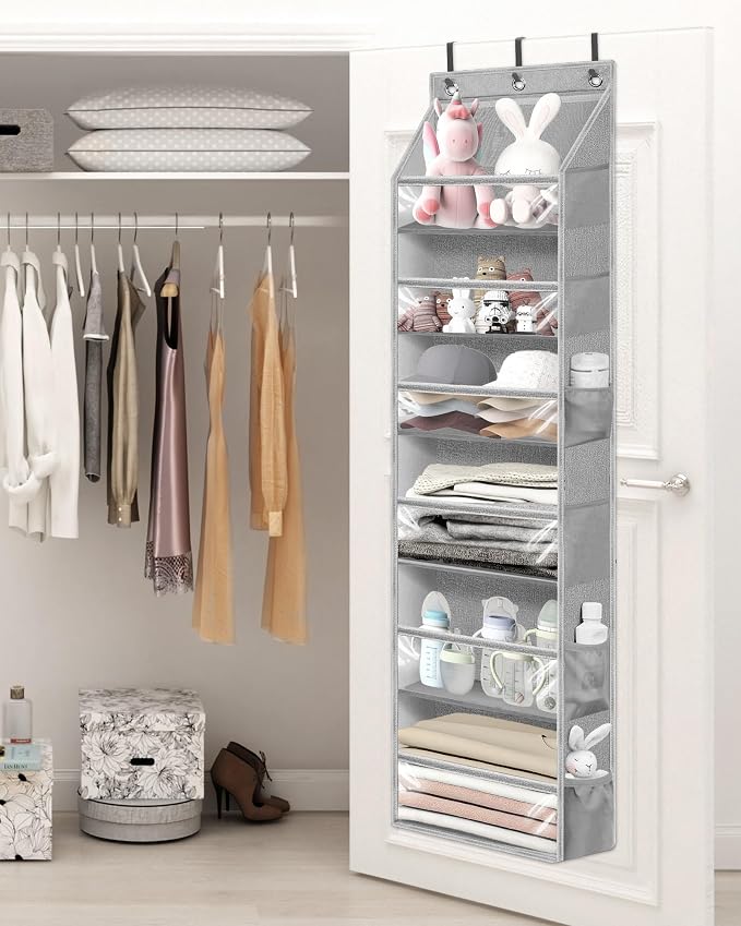STORAGE MANIAC Over the Door Organizer 6-Shelf Closet Hanging Storage with 14 Mesh Pockets, 66lbs Capacity Clear Deep Pockets Behind Door Storage for Nursery, Bathroom, Bedroom, 1 Pack Grey - Image 8