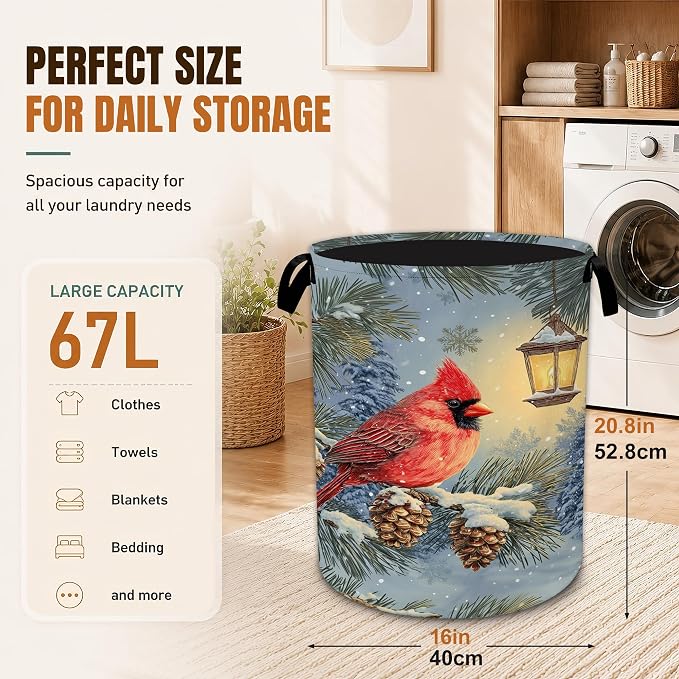 Cardinal Bird Laundry Basket, Oxford Cloth Foldable Hamper with Handles,Winter Pine Tree Portable Clothes Storage Bucket and Laundry Bag for Bathroom Laundry Room Bedroom Dorm - Image 2