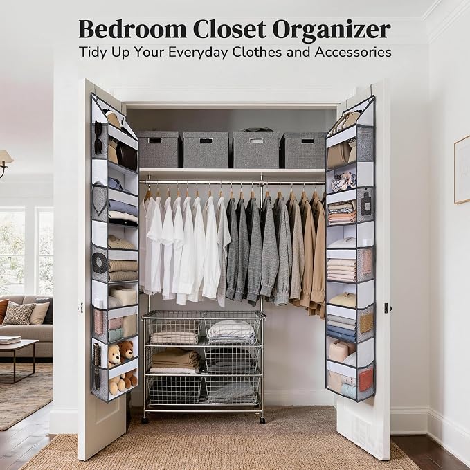 5 Tiers Ultra-thin Over Door Organizer with 10 Mesh Side Pockets, 44 lbs Weight Capacity Hanging Storage Organizer with Clear Window Kids Toys, Shoes, Diapers, White & Grey - Image 8