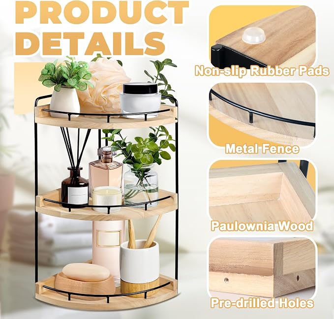 3 Tier Bathroom Counter Organizer, Bathroom Counter Tray and Vanity Organizer, Wood Corner Countertop for Kitchen, Dresser (Rustic Wood) - Image 6