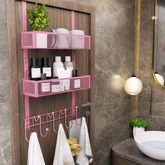 Consumest Over The Door Hooks Organizer - 3 Tier Door Hanger with 9 Coat Hooks & 2 Mesh Basket, Back Storage Organizer Hanging Towels for Bathroom, Bedroom, Pink - Image 7