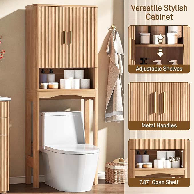 Vabches Farmhouse Over the Toilet Storage Cabinet with 2 Fluted Doors, Oak - Image 4