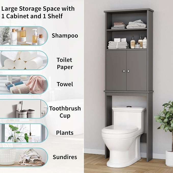 Shintenchi Over The Toilet Storage Cabinet, Bathroom Above The Toilet Rack, Bathroom Adjustable Shelf Organizer with Open Bottom Bar and Anti-Tip Device, Gray - Image 4