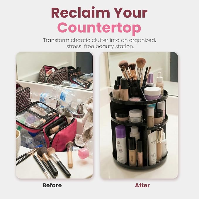 Masirs 360 Rotating Makeup Organizer Countertop, Adjustable Shelf, Black - Image 5