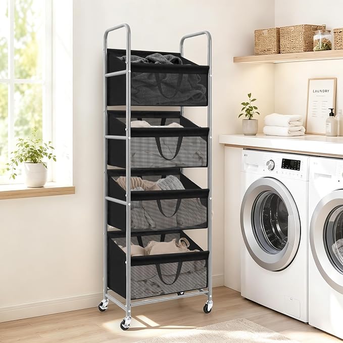 STO STO 4-Tier Vertical Rolling Laundry Hamper, Removable Bags, Black Mesh - Image 2