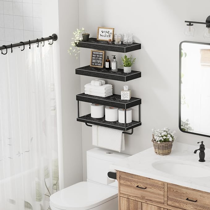 QEEIG Bathroom Floating Shelves Over Toilet - Wall Mounted Shelf Toilet Paper Storage Farmhouse 16 inch Set of 3, Black (027-40B3) - Image 4