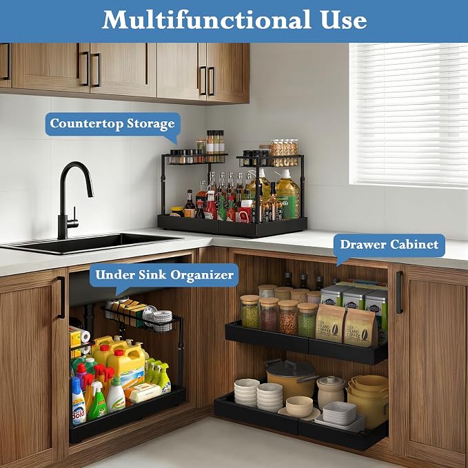 Under Sink Organizer, 2-Tier Slide Out kitchen Storage Metal Shelf, Black - Image 7