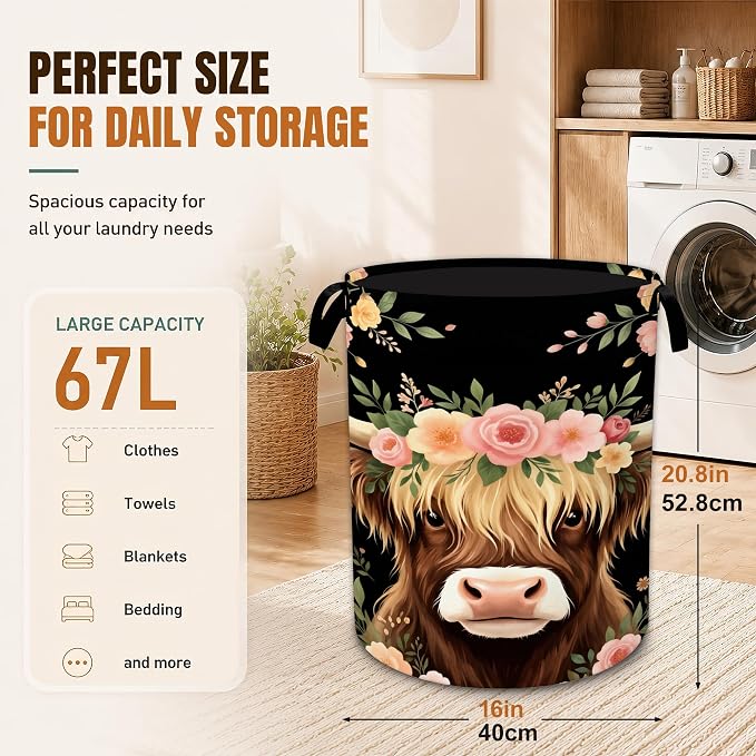 Highland Cow Laundry Hamper,Watercolor Flowers Foldable Oxford Basket with Handles, Portable Clothes Storage Bucket and Laundry Bag for Bathroom Laundry Room Bedroom Dorm Decor,20.8x16 Inch - Image 2