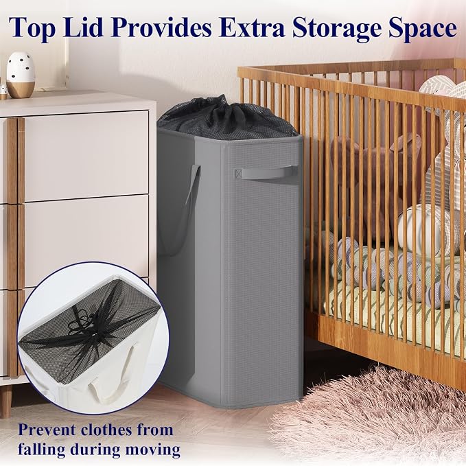 Optish 50L Slim Laundry Hamper, Small Laundry Hamper With Handles, Narrow Laundry Basket for Dorm, Bedroom, Living Room, Collapsible Laundry Basket, Grey - Image 7