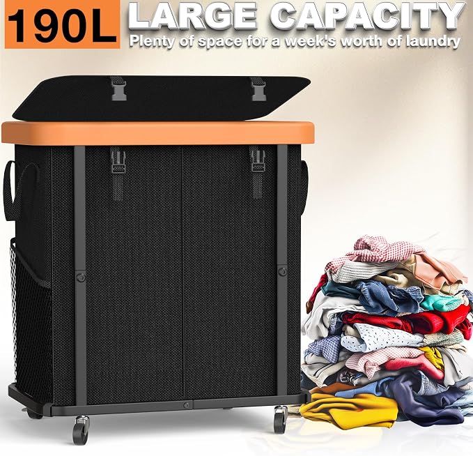 Laundry Basket with Wheels,190L Leather Patchwork Laundry Hamper 2 Setion - Image 3